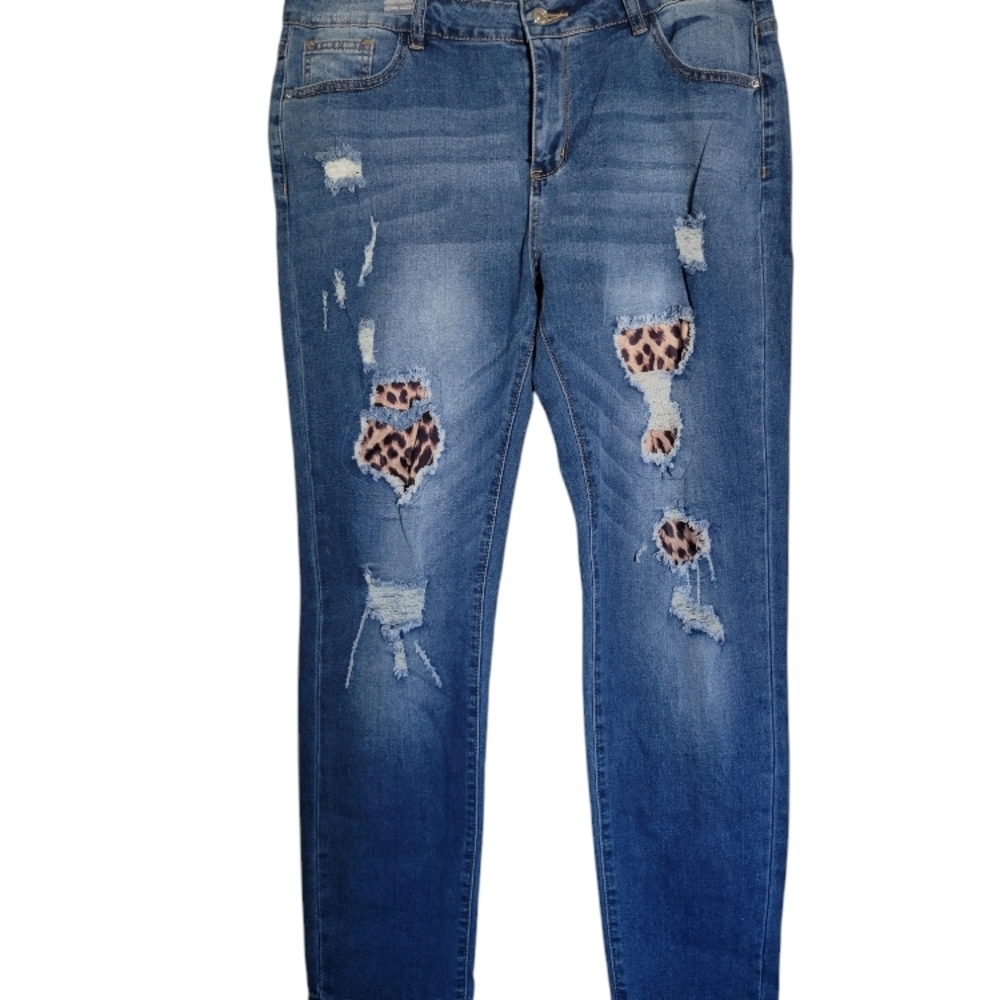Women's Blue Distressed Jeans with Leopard Print Patches